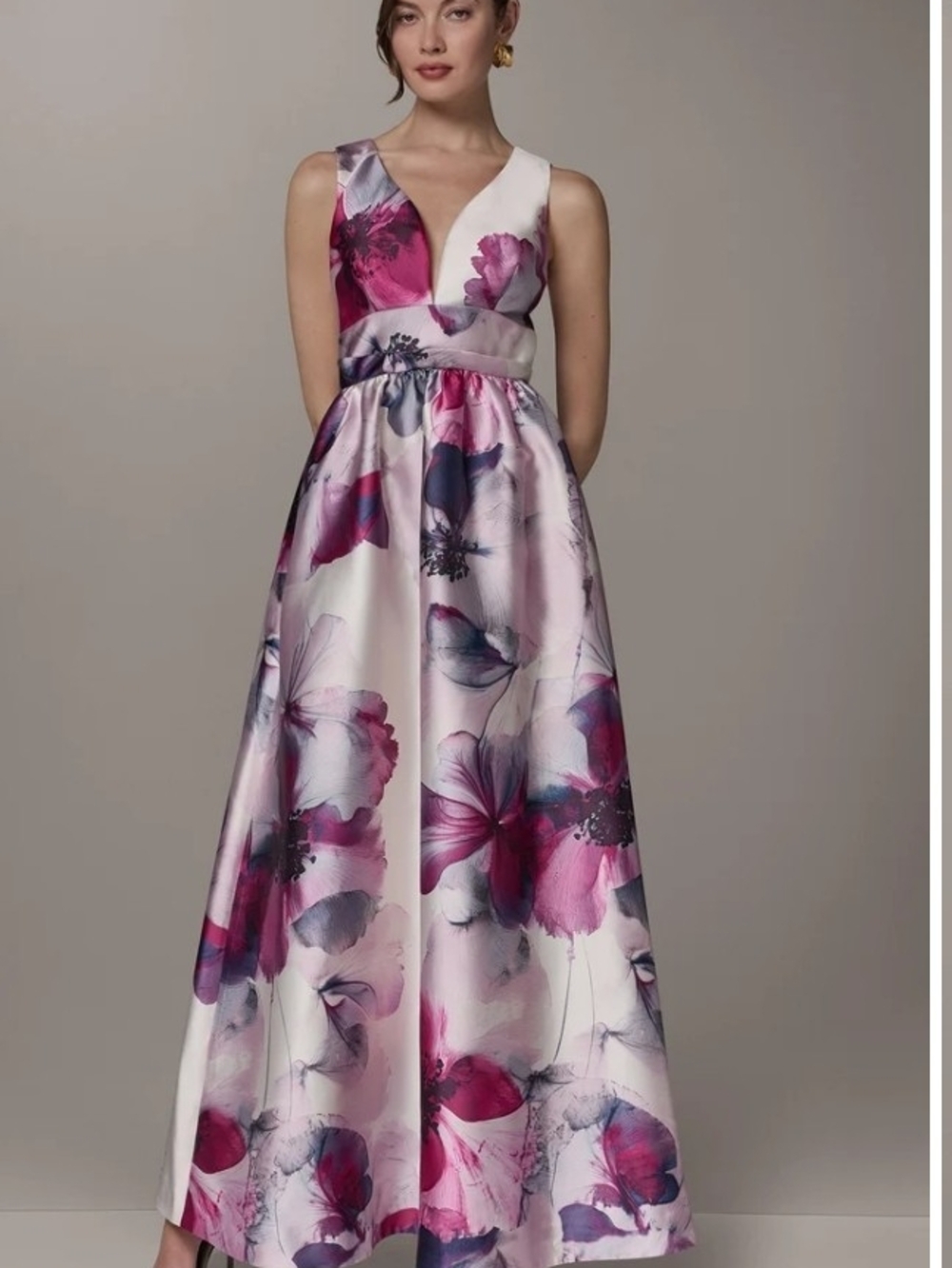 Donna Karan White Maxi Dress with Magenta and Purple Floral Print